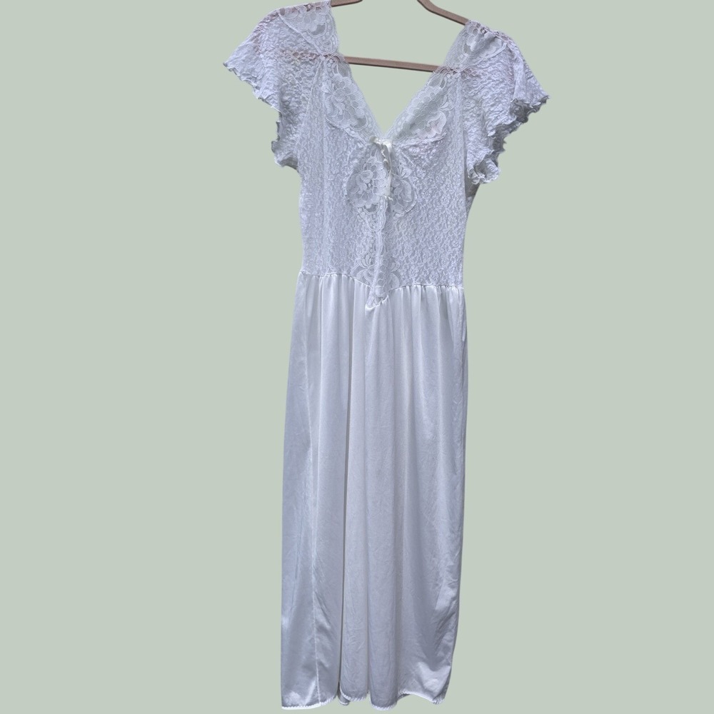 Vandemere White Lace Stretch‎ Bodice Satin Nightgown Mid Length Women's XS